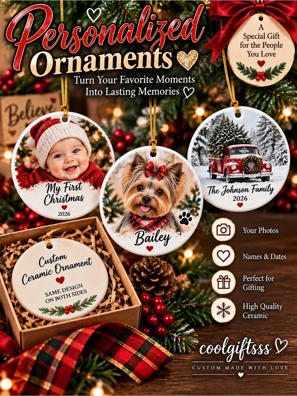 Personalized White Ceramic Holiday Ornament - Custom Milestone Keepsakes
